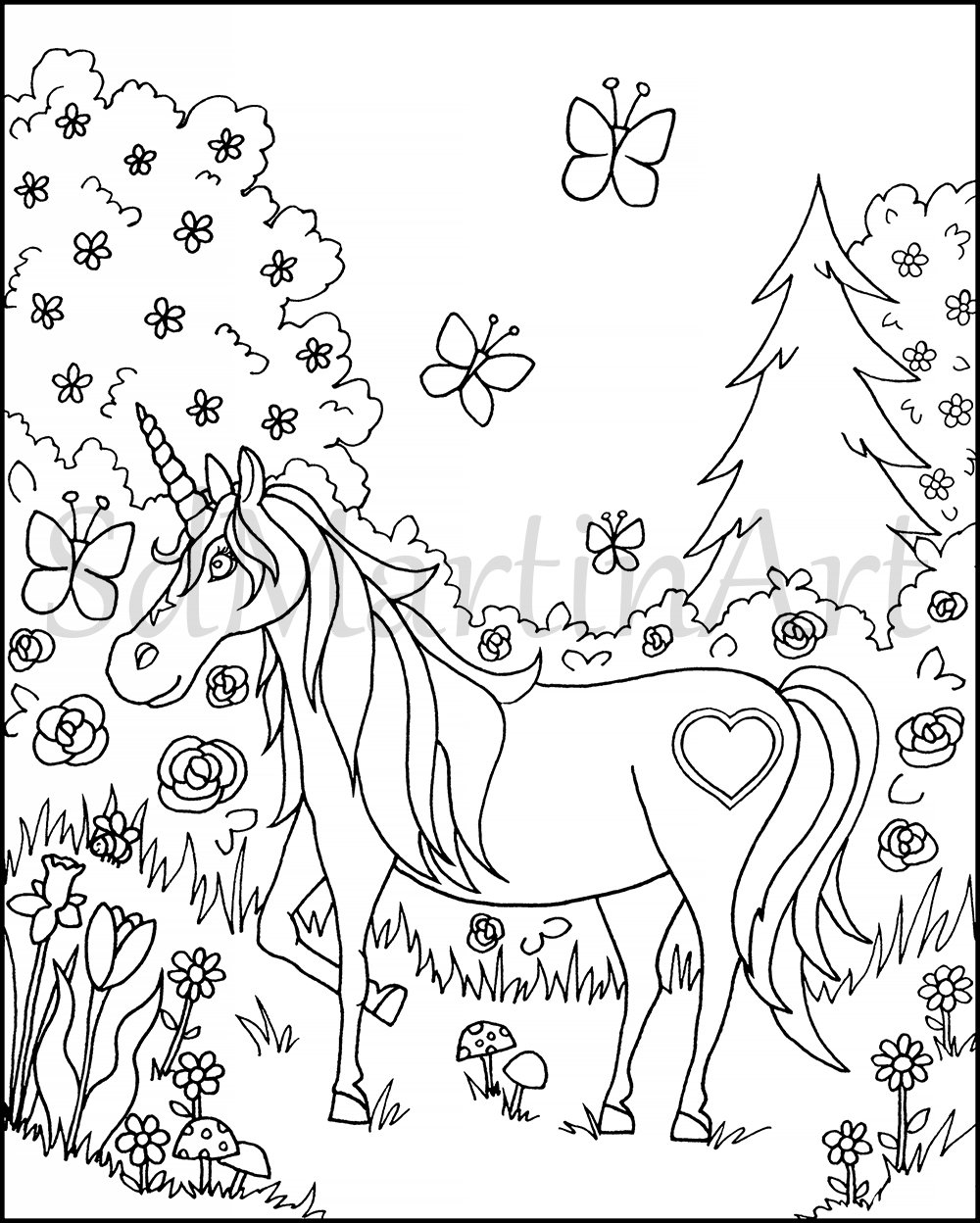 Unicorn and Butterflies-Printable Adult Coloring Book Page-For | Etsy