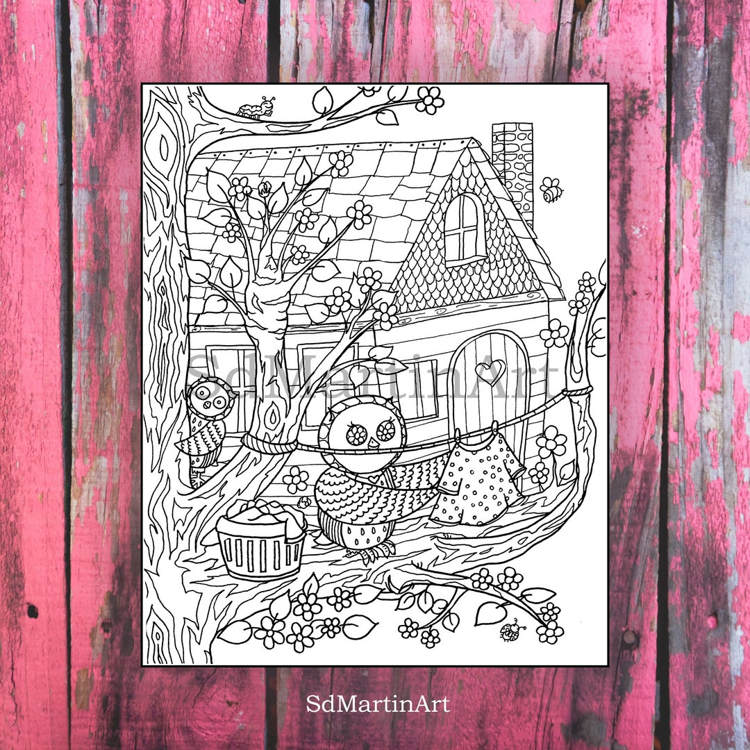 Cozy Owl Tree House-printable Adult Coloring Book Page - Etsy