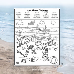Puede incluir: Una ilustración en blanco y negro de una escena de playa con una lista de objetos para encontrar. Los objetos incluyen una pelota de playa, una tabla de surf, un sombrero, cometas, un cubo, conchas marinas, sandalias, una toalla de playa, una pala, estrellas de mar, gafas de sol, una cesta de picnic, una gaviota, un cangrejo, barcos, protector solar, un castillo de arena, helado y un flotador.