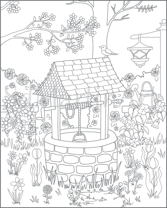 flower garden wishing well printable adult coloring book etsy