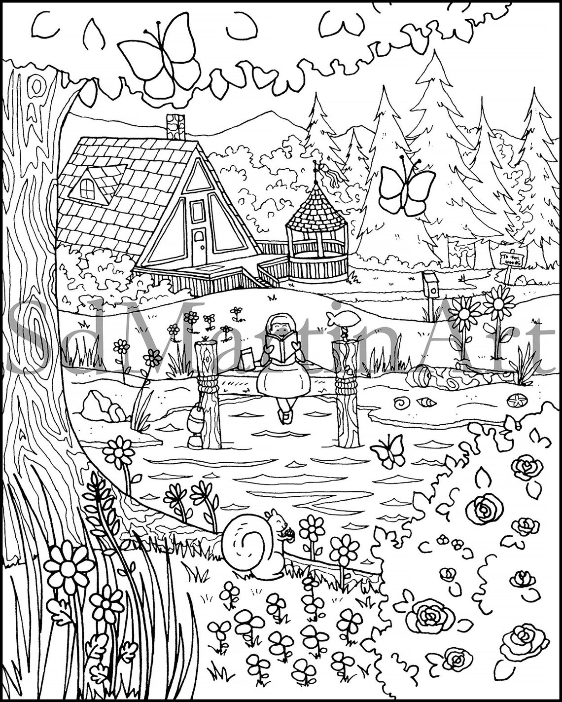 Cozy A Frame Cottage in the Woods-printable Adult Coloring Book Page ...