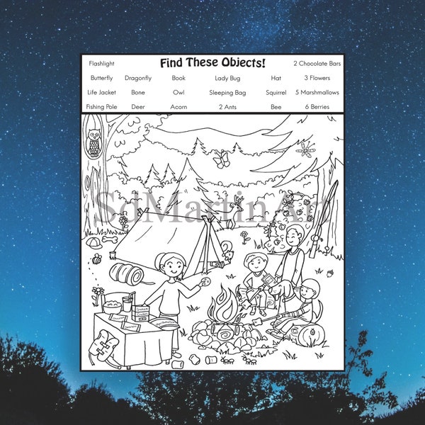 Seek and Find-Printable Coloring Activity Page for Kids, Teens and Adults-Camping-Instant Download-PDF