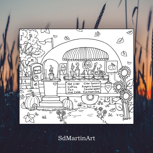 Printable Autumn Coloring Page-Hot Coffee and Cider Food Truck-Adult Coloring Book Page-For Adults, Teens and Kids-Digital Download