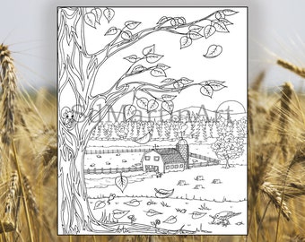 Autumn Farm Coloring Page: Printable Fall Scene (Digital Download)