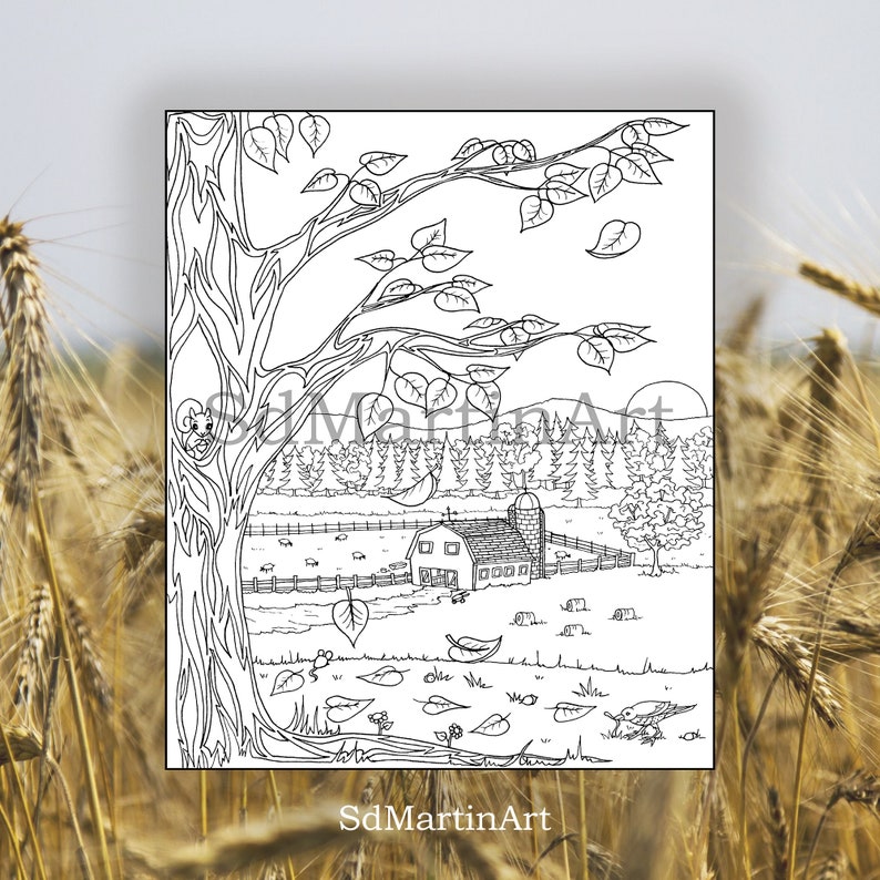 Autumn Farm Coloring Page: Printable Fall Scene (Digital Download) image 1