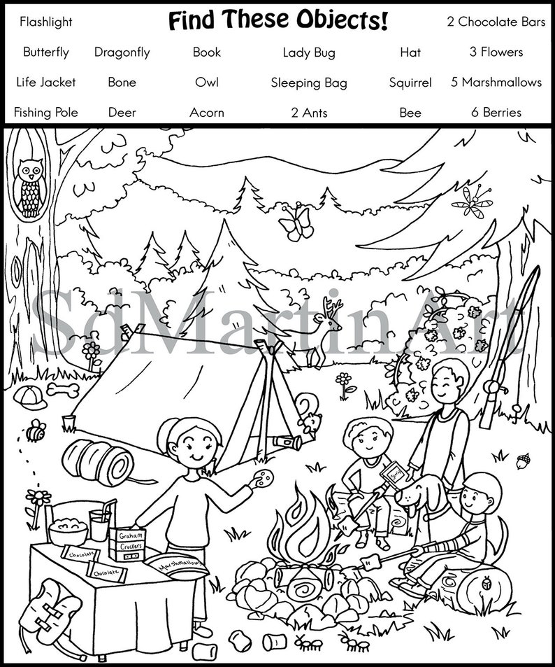 Seek and Find-Printable Coloring Activity Page for Kids, Teens and Adults-Camping-Instant Download-PDF image 2