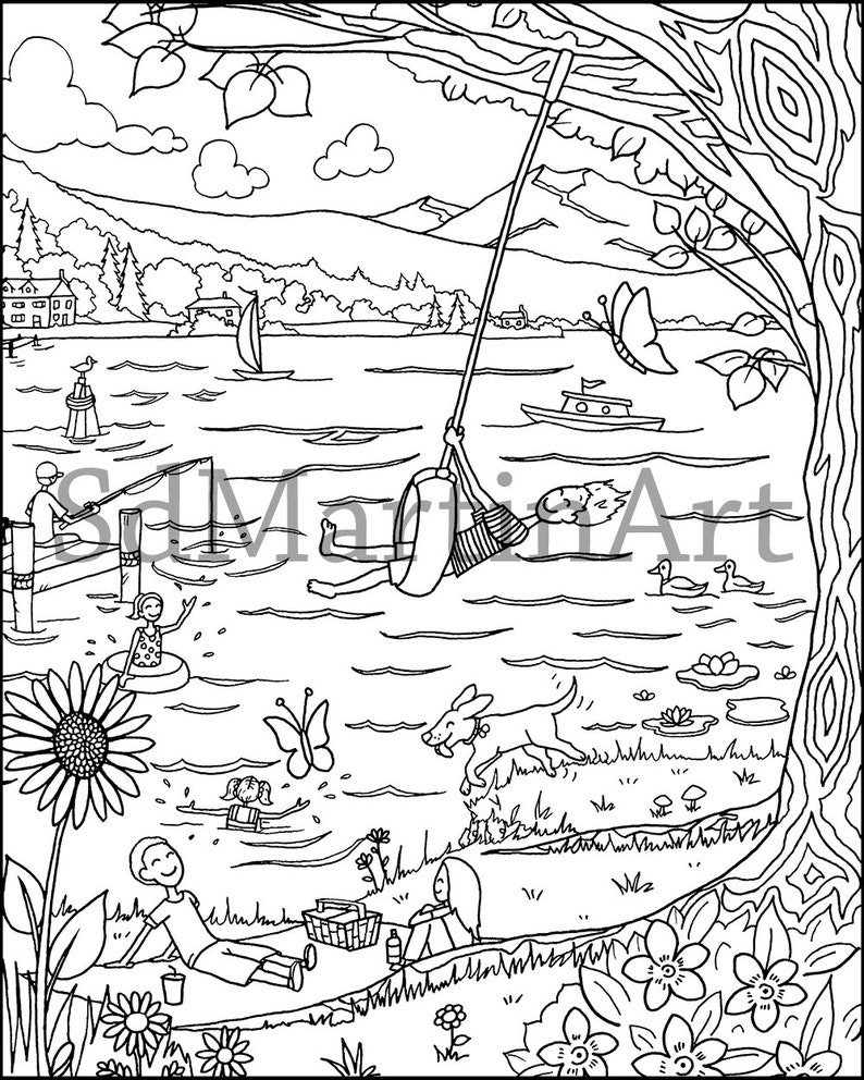 Summer Swimming-Printable Adult Coloring Book Page-For Adults | Etsy