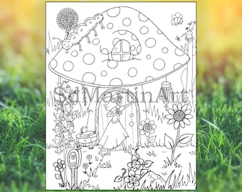Fairy Mushroom House-afdrukbare boekenpagina kleurplaten voor volwassenen-voor volwassenen, tieners en kinderen-direct downloaden