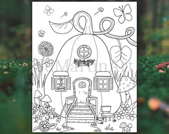 Cozy Pumpkin Cottage - Printable Adult Coloring Book Page - for adults and kids - Coloring sheet - Coloring designs - Instant download