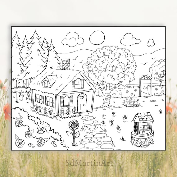 Cozy Cottage-Printable Coloring Page for Adults and Kids-Digital Download