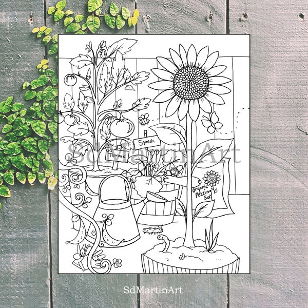 Lovely Container Garden-Printable Adult Coloring Book Page - for adults and kids - Coloring sheet - Coloring designs - Instant download
