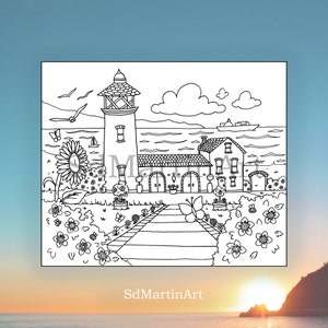 Lighthouse By The Sea-Printable Adult Coloring Book Page-For Adults, Teens and Kids-Digital Download