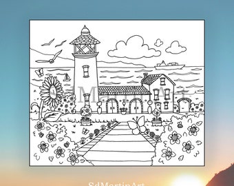 Faro junto al mar-Página de libro para colorear para adultos imprimible-Para adultos, adolescentes y niños-Descarga digital