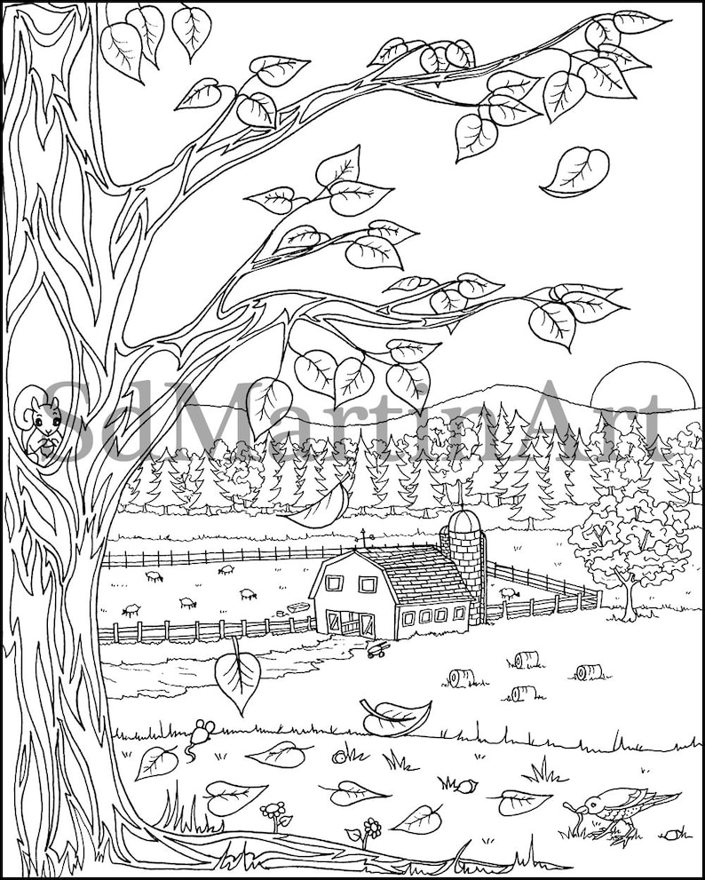 Autumn Farm Coloring Page: Printable Fall Scene (Digital Download) image 2