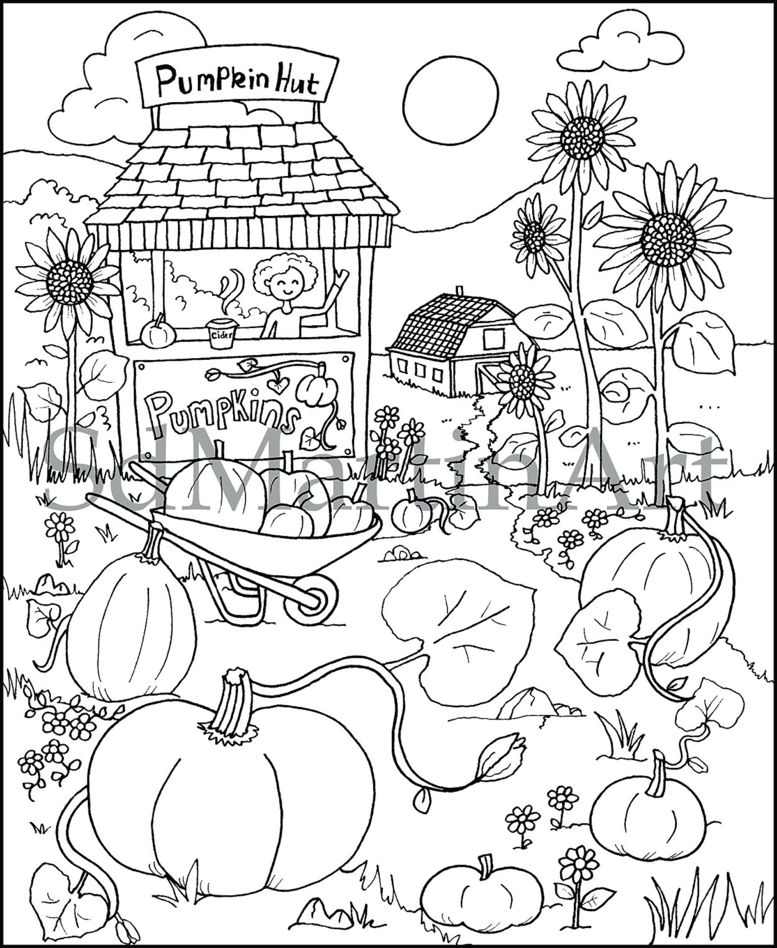 Pumpkin Patch fall Time Printable adult Coloring Book Page for Adults 