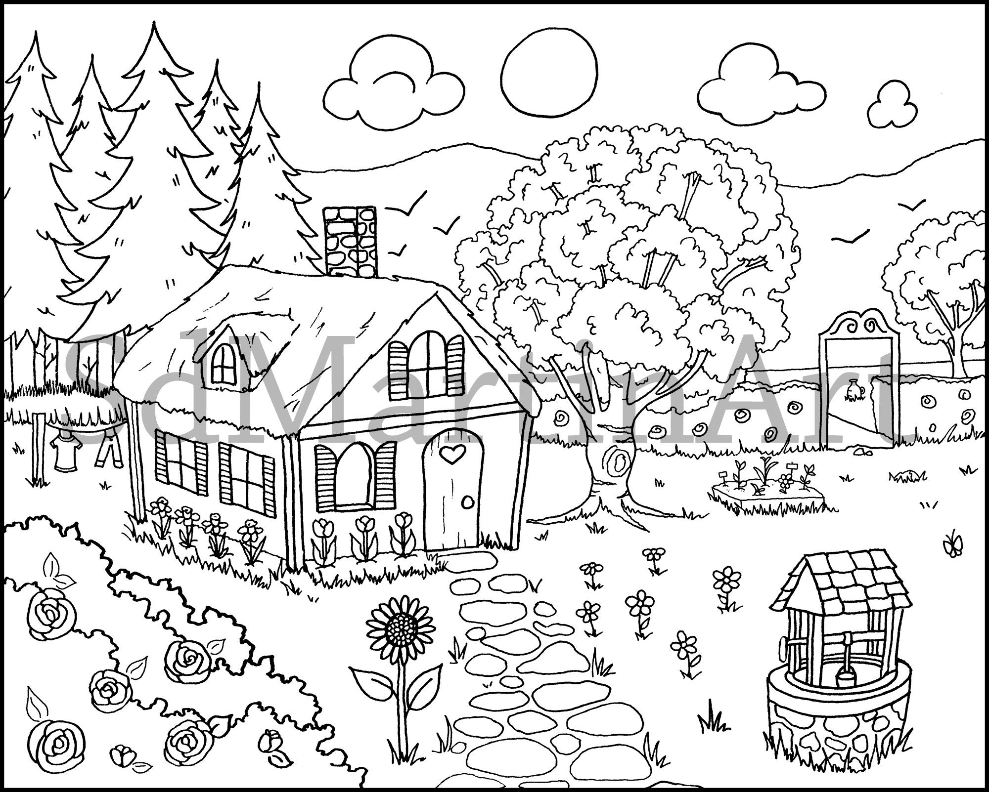 Cozy Cottage Printable Adult Coloring Book Page for Adults, Teens and