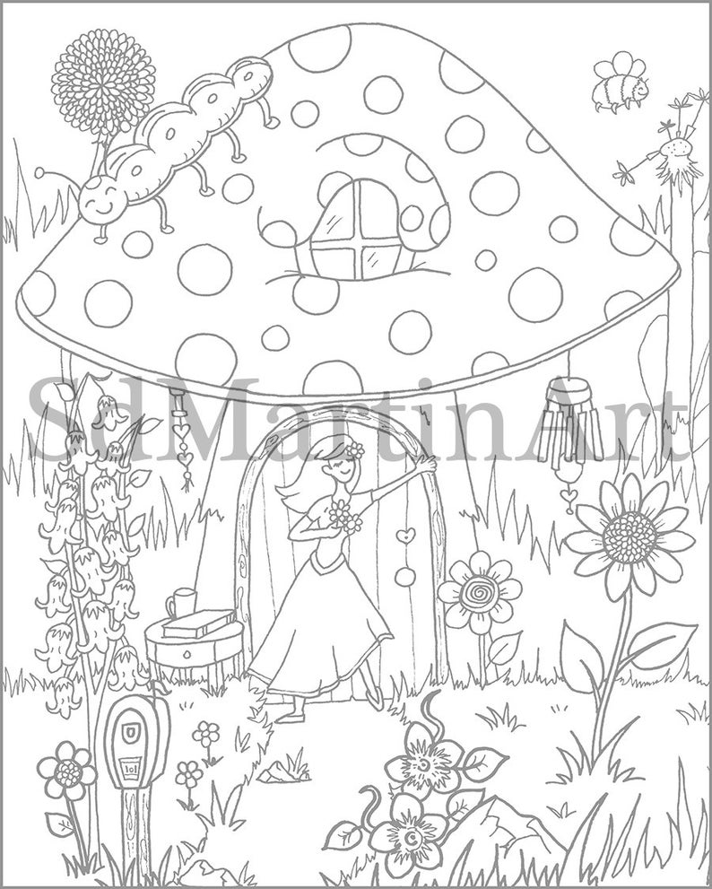 Fairy Mushroom House-Printable Adult Coloring Book Page ...