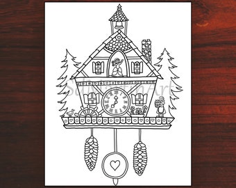 Cuckoo Clock - Printable Adult Coloring Book Page - for Adults and Kids - Coloring sheet - Instant download - Digital Coloring Page