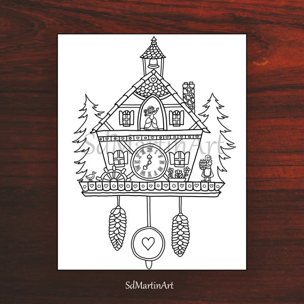 Cuckoo Clock - Printable Adult Coloring Book Page - for Adults and Kids - Coloring sheet - Instant download - Digital Coloring Page