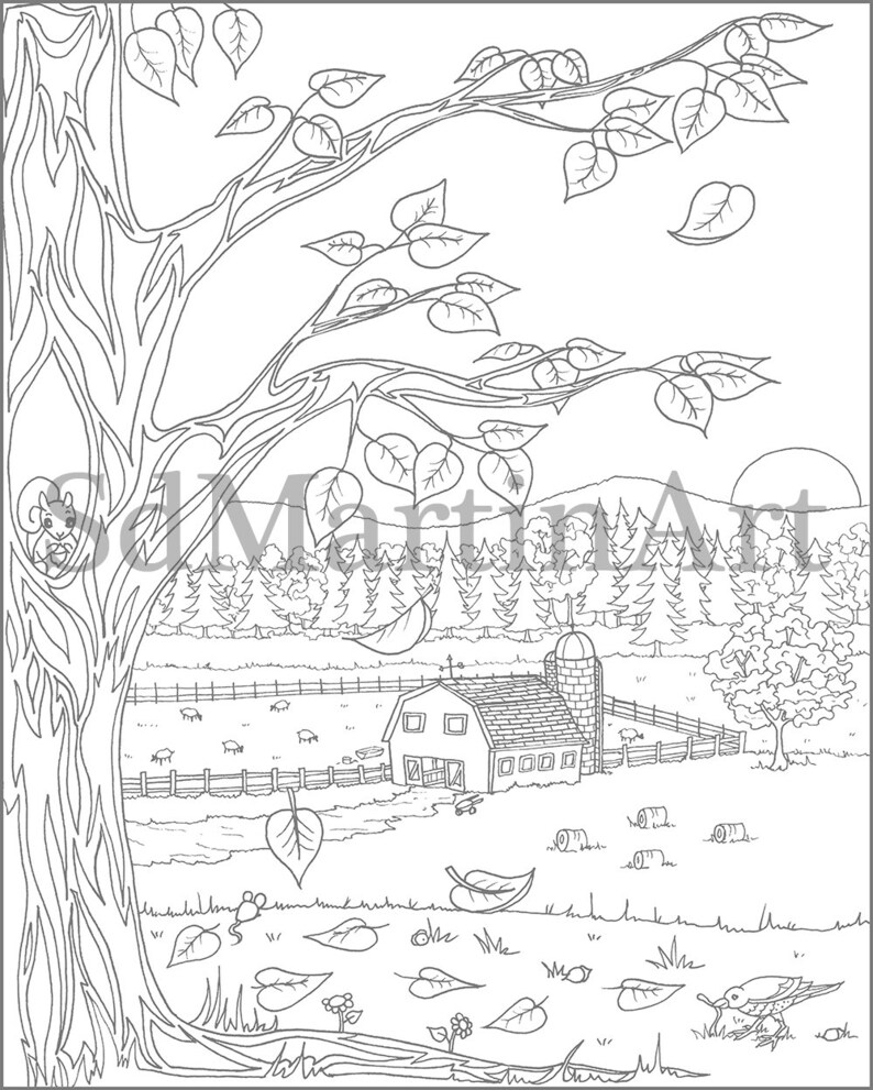 Autumn Farm Coloring Page: Printable Fall Scene (Digital Download) image 3