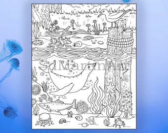 Sea Lion Under the Sea-Printable Adult Coloring Book Page-For Adults, Teens and Kids-Digital Download