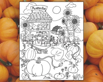 Pumpkin Patch-Fall Time Printable-Adult Coloring Book Page-For Adults, Teens and Kids-Digital Download