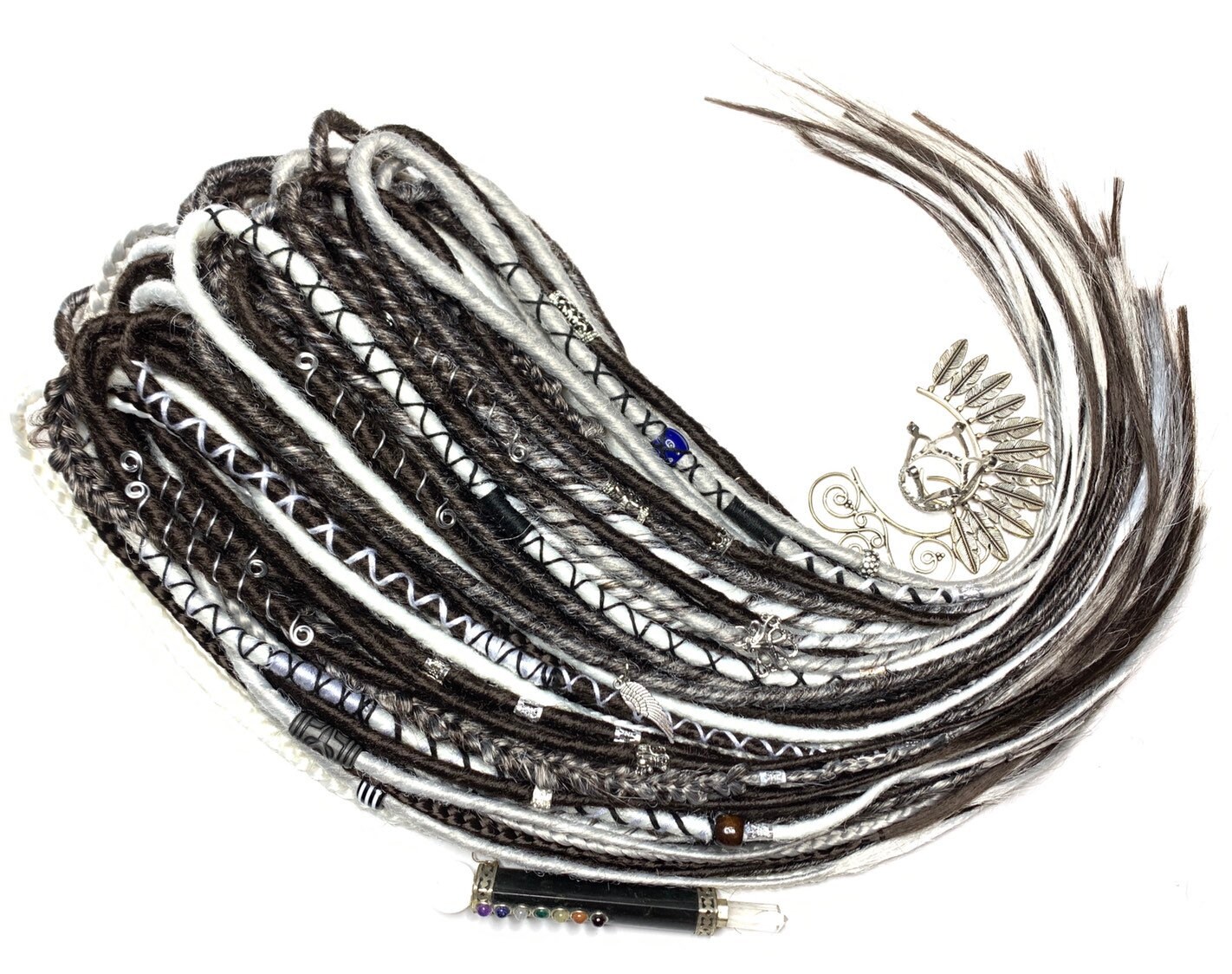 Synthetic dreads extensions. Silver, brown, white. Decorations, braid…
