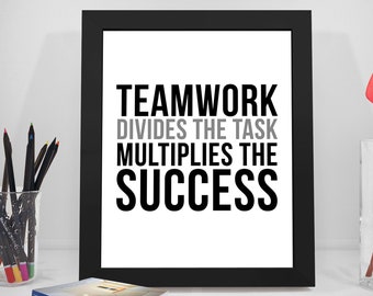 Teamwork verdeelt de veelvouden van de taak het succes, teamwerk citeert, Team werk Poster, Teamwork citeer, Teamwork Poster, Office kunst aan de muur