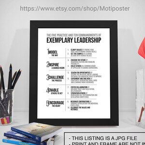 May include: Black and white printable poster with the title "The Five Practice and Ten Commandments of Exemplary Leadership". The poster lists five leadership practices and ten commandments, including "Model the Way", "Inspire a Shared Vision", "Challenge the Process", "Enable Others to Act", and "Encourage the Heart".