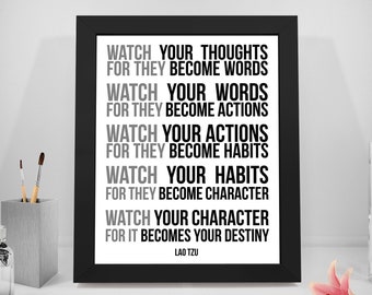 Watch Your Thoughts Lao Tzu Quotes Prints, Lao Ce Quotes Printable, Taoism Sayings, Office Decor, Office Art, Home Decor, Wisdom Print