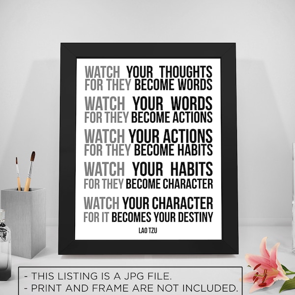 Watch Your Thoughts Lao Tzu Quotes Prints, Lao Ce Quotes Printable, Taoism Sayings, Office Decor, Office Art, Home Decor, Wisdom Print