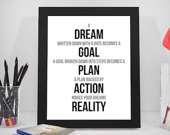 Dream Quotes, Goal Quotes, Motivational Sayings, Plan Print, Goal Prints, Action Poster, Reality Art Decor, Inspirational Quotes