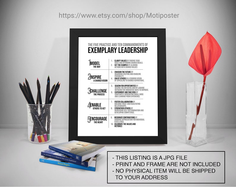 May include: Black and white printable poster with the title "The Five Practice and Ten Commandments of Exemplary Leadership". The poster lists five leadership practices and ten commandments, including "Model the Way", "Inspire a Shared Vision", "Challenge the Process", "Enable Others to Act", and "Encourage the Heart".