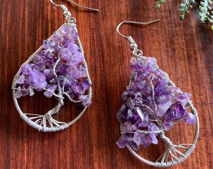 Tear Drop Amethyst Wire Wrapped Tree Earrings