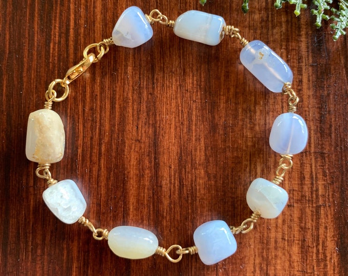 Blue Lace Agate Gold Wire Wrapped Bracelet