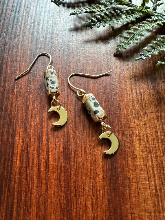 Dalmatian Jasper Crescent Moon Earrings