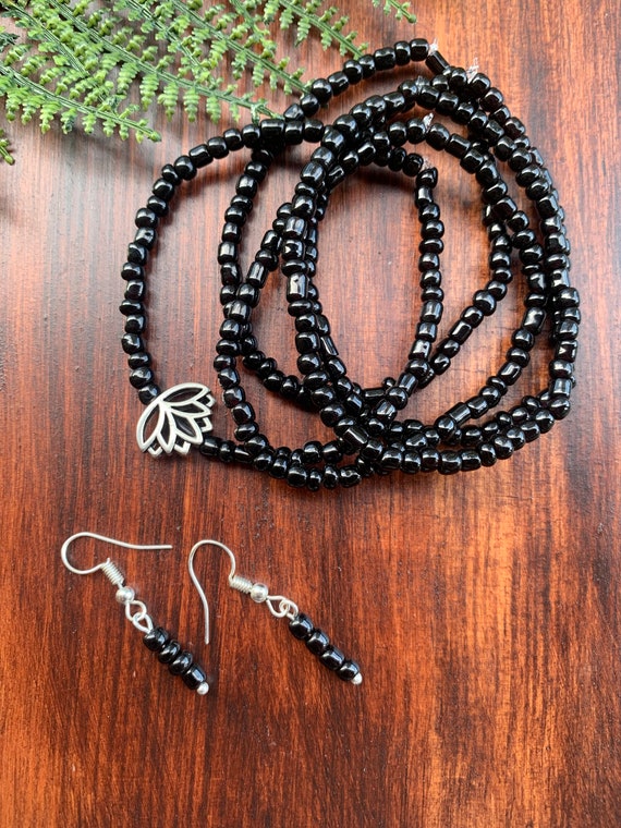 Lotus Flower Jewelry Set / Black Glass Beads