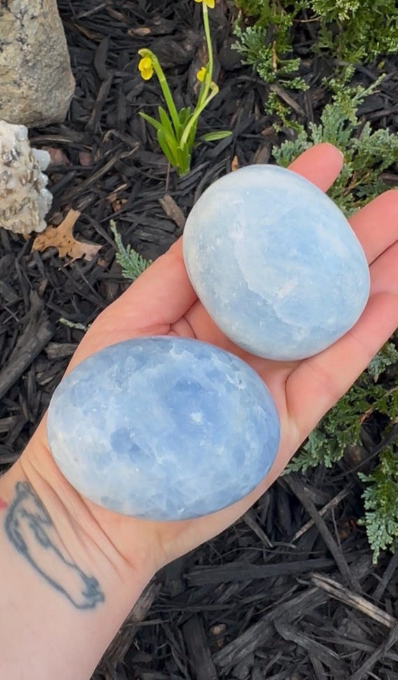 Blue Chacedony Palm Stone Pair