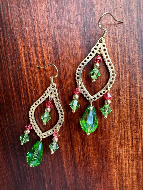 Crystal Dangling Drop Earrings Green and Pink