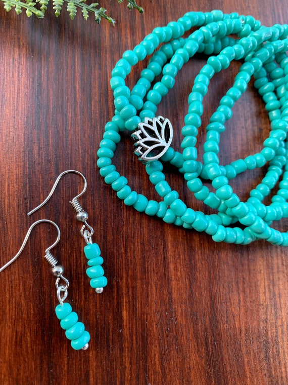 Lotus Flower Beaded Bracelet Set / Turquoise Glass Beads