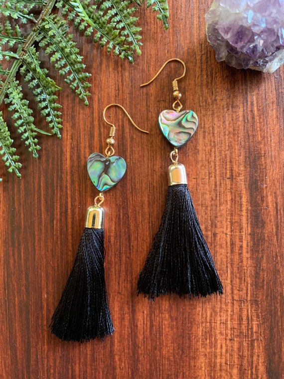 Abalone Hearts with Black Tassels