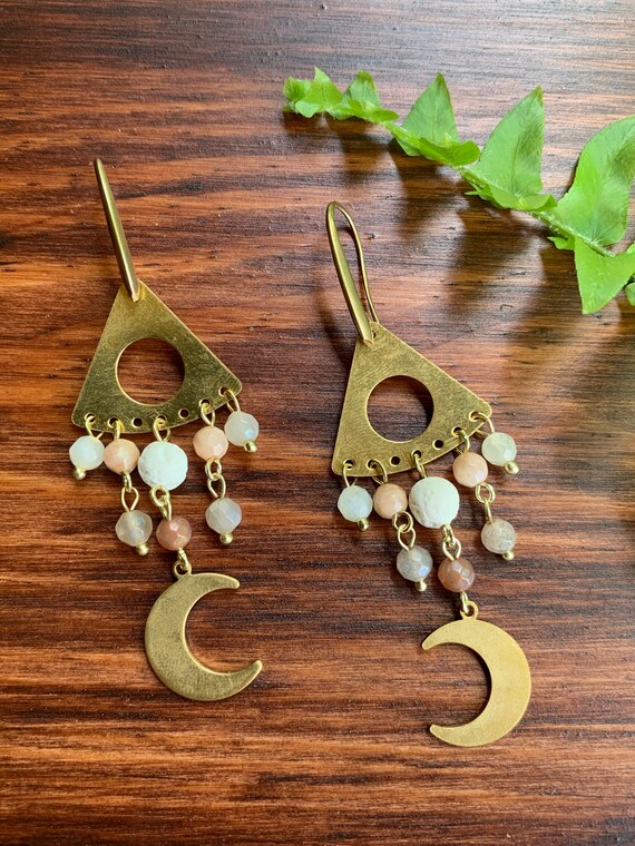 Brass Dangle Moon, Moonstone and Lava Stone Earrings