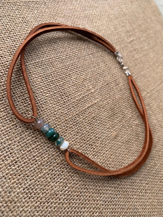 Moss Agate Suede Leather Choker (double strand)