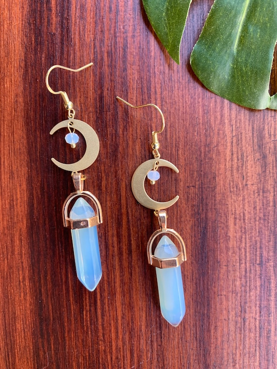 Opalite Hexagonal Points / Crescent Moon Earrings