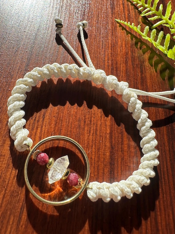 Herkimer Diamond and Pink Tourmaline Adjustable Bracelet