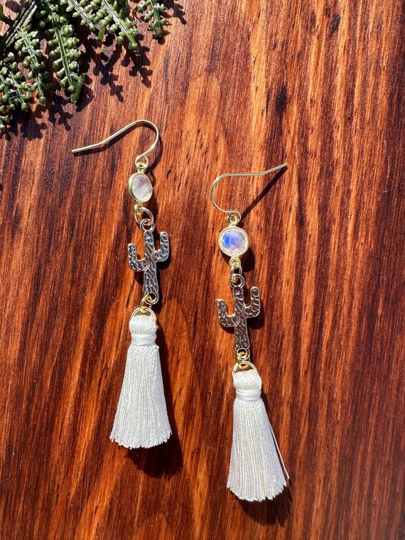 Moonstone Jewelry Rainbow Moonstone Jewelry Gift For Plant Lovers Cactus Jewelry Natural Gemstone Earrings Lightweight Jewelry