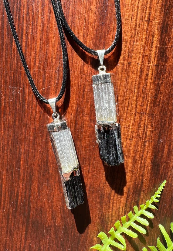 Natural Selenite and Black Tourmaline Double Stacked Necklace
