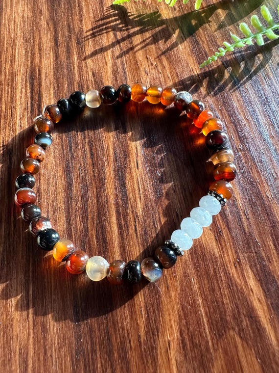 White Jade and Red/Black Agate Stretch Bracelet