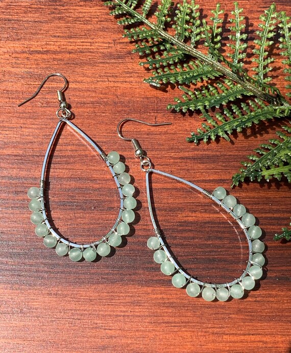 Green Aventurine Wire Wrapped Pear Shaped Earrings