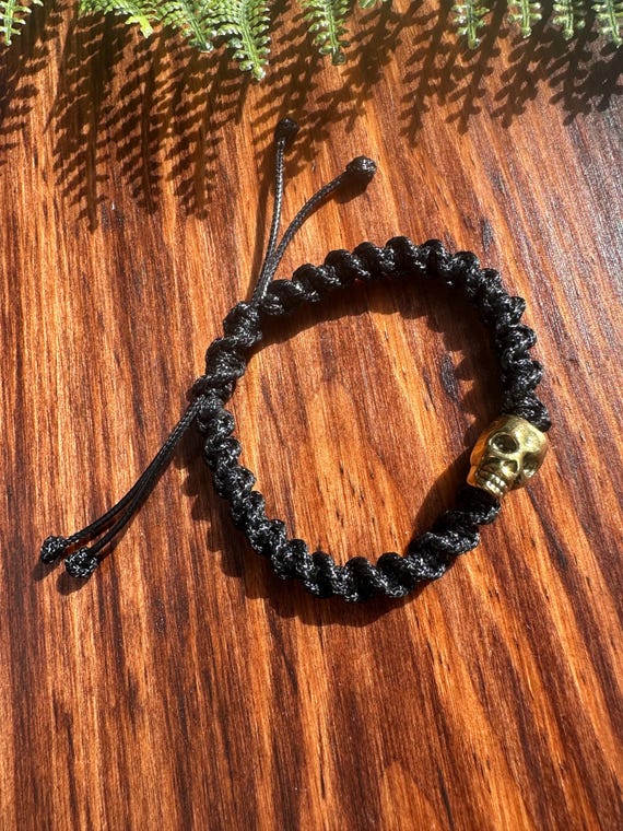 Gold Skull Charm Handwoven Bracelet / Black